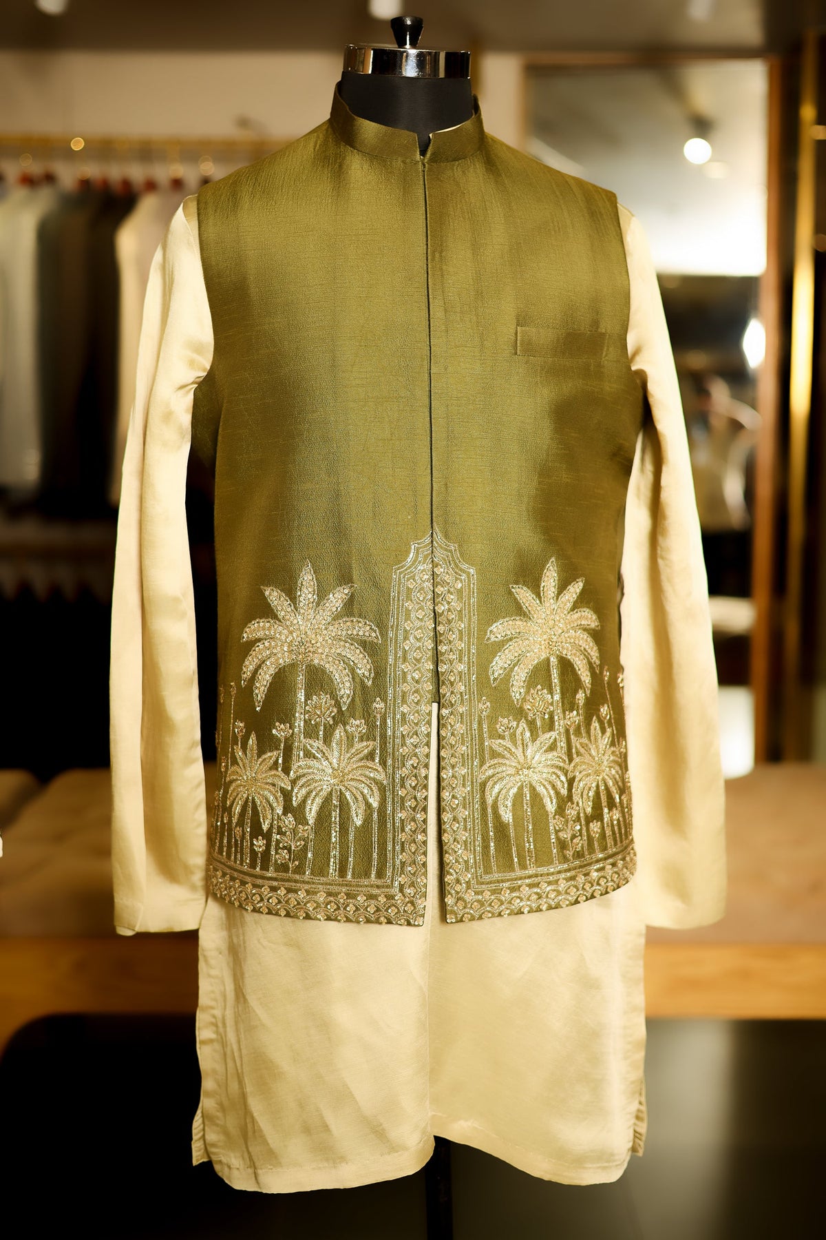 Olive Green Modal Silk Kurta Set with Zardosi Cutdana Worked Jacket - green silk saree