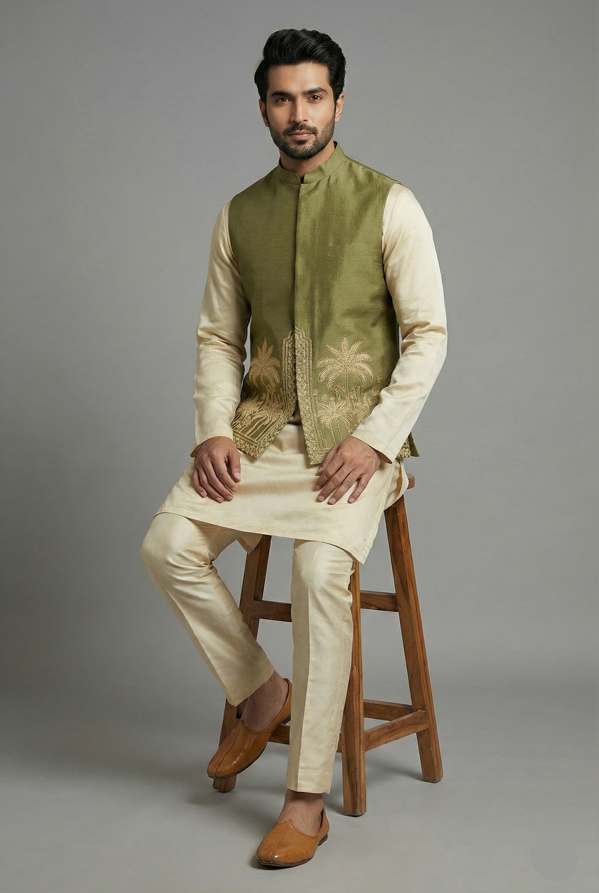 Olive Green Modal Silk Kurta Set with Zardosi Cutdana Worked Jacket - green silk saree