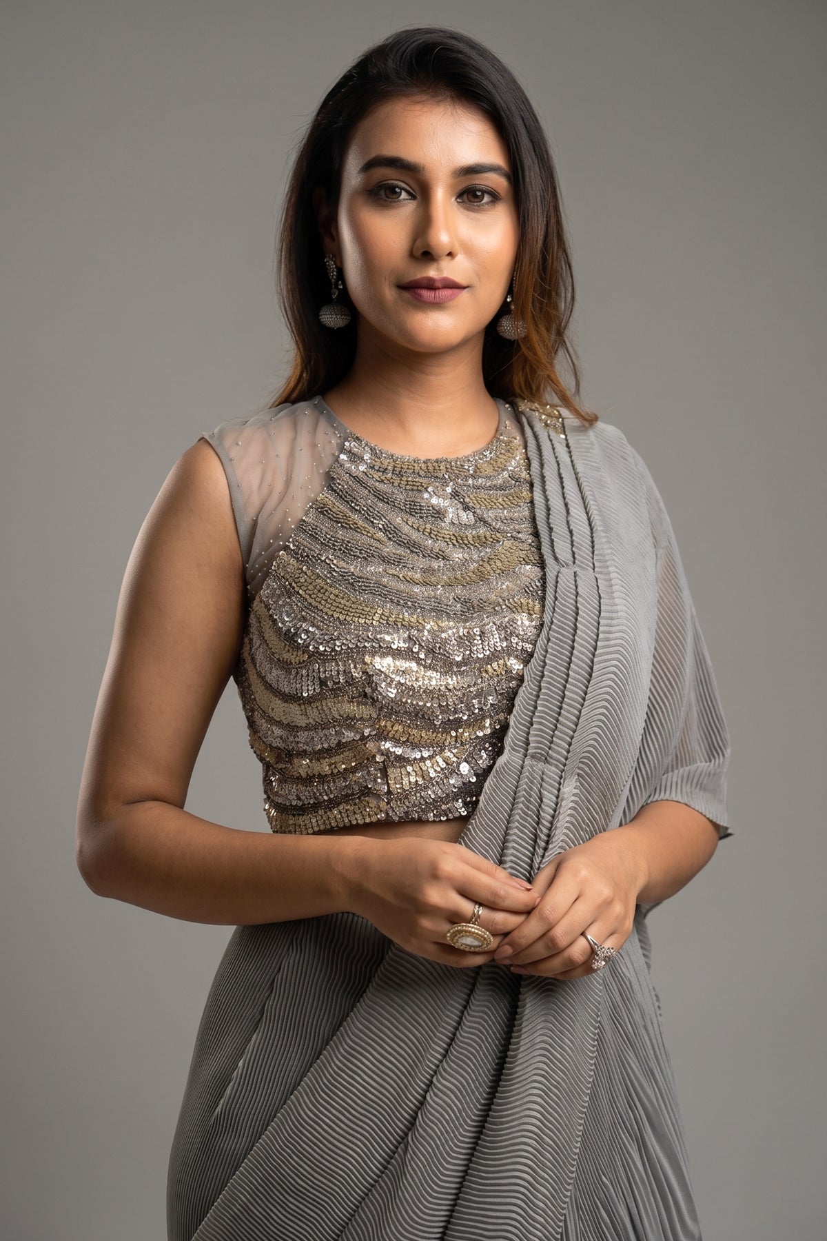 Grey Silk Heat Pleated Pre Stitched Fancy Saree - grey silk saree