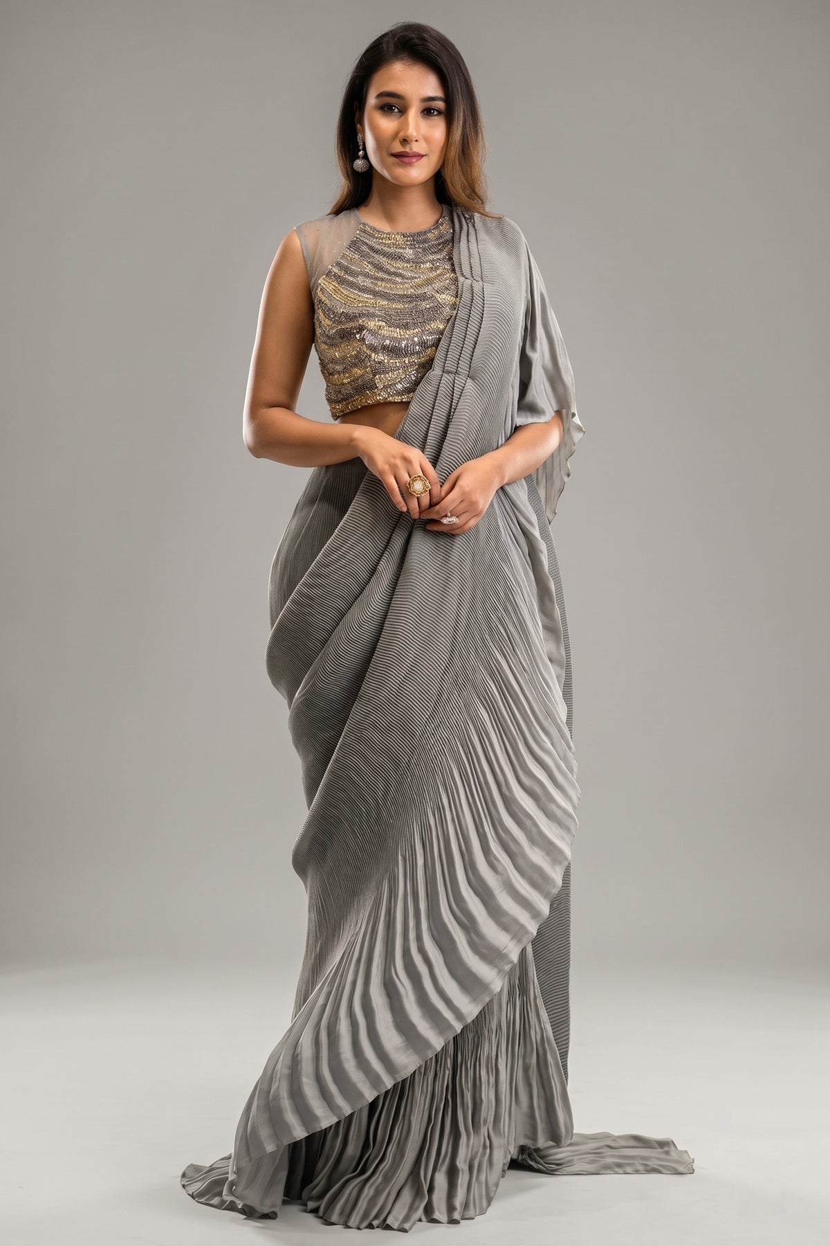 Grey Silk Heat Pleated Pre Stitched Fancy Saree - grey silk saree