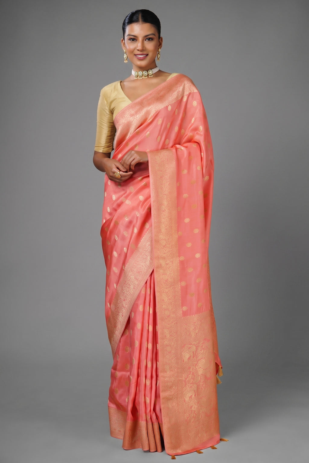 Flamingo Pink Woven Butti Saree in Muga Silk with Elephant and Peacock Motifs - pink silk saree