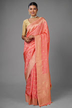 Flamingo Pink Woven Butti Saree in Muga Silk with Elephant and Peacock Motifs - pink silk saree