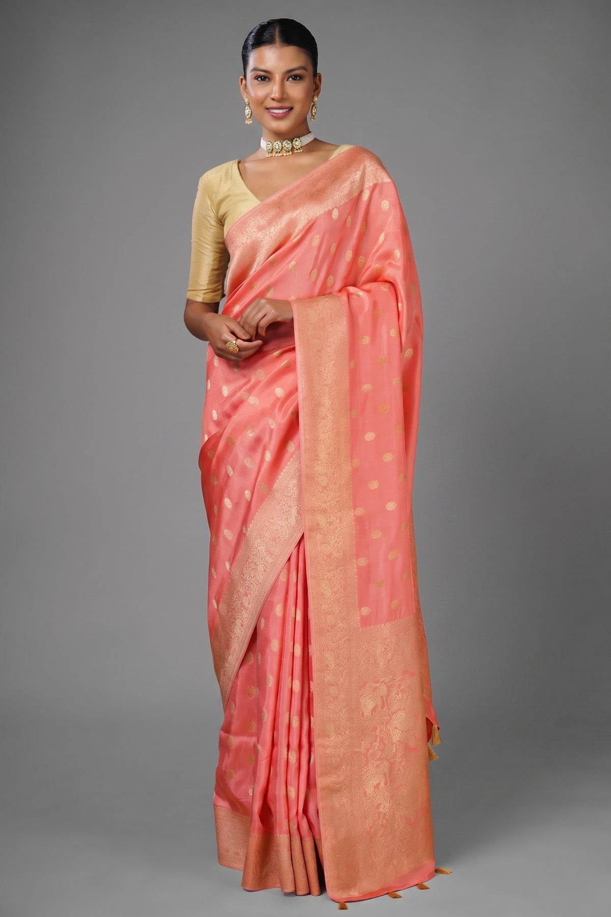 Flamingo Pink Woven Butti Saree in Muga Silk with Elephant and Peacock Motifs - pink silk saree