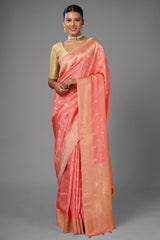 Flamingo Pink Woven Butti Saree in Muga Silk with Elephant and Peacock Motifs - pink silk saree