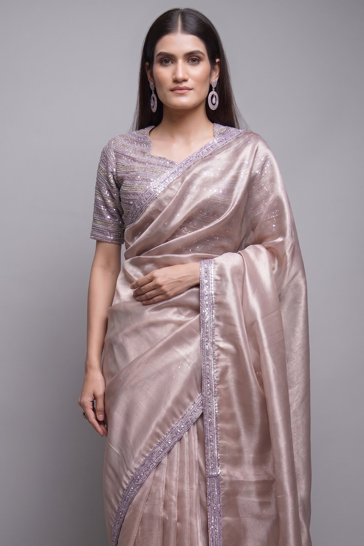Dusty Peach Saree in Net with Embellished Cutdana and Sequins Border - peach net saree