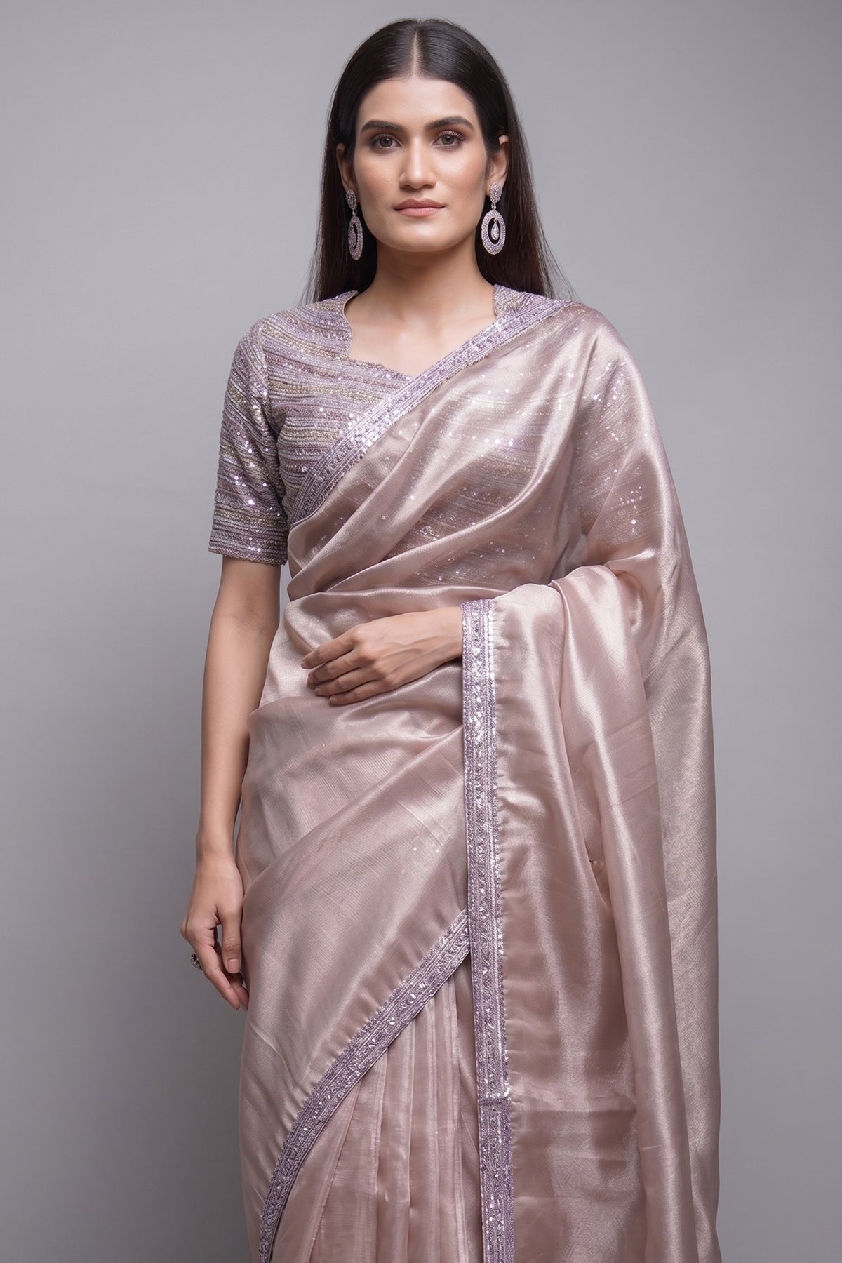 Dusty Peach Saree in Net with Embellished Cutdana and Sequins Border - peach net saree