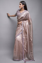 Dusty Peach Saree in Net with Embellished Cutdana and Sequins Border - peach net saree