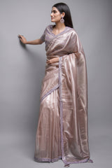 Dusty Peach Saree in Net with Embellished Cutdana and Sequins Border - peach net saree