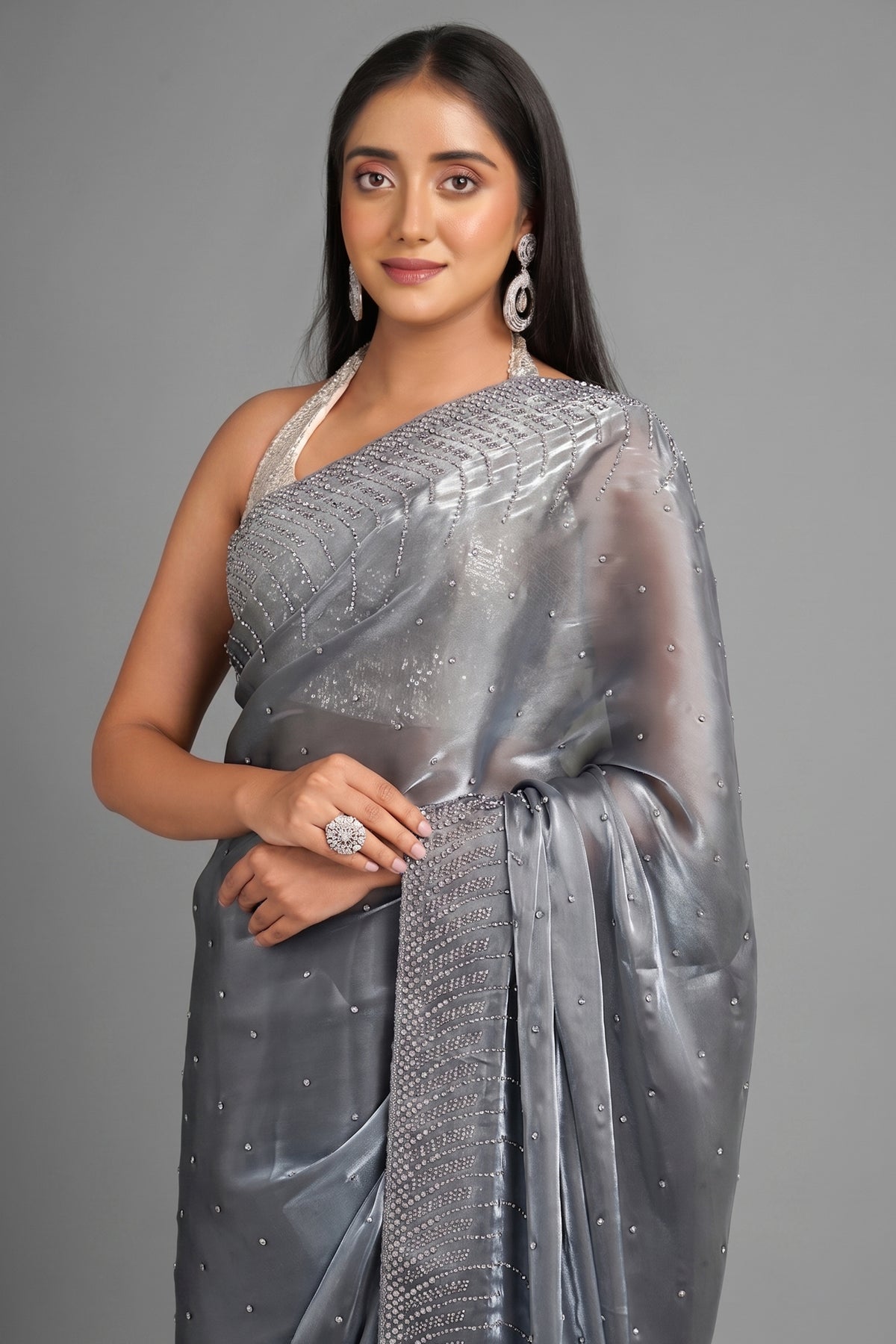 Grey Pearl and Diamond Work Embellished Saree in Organza - grey organza saree