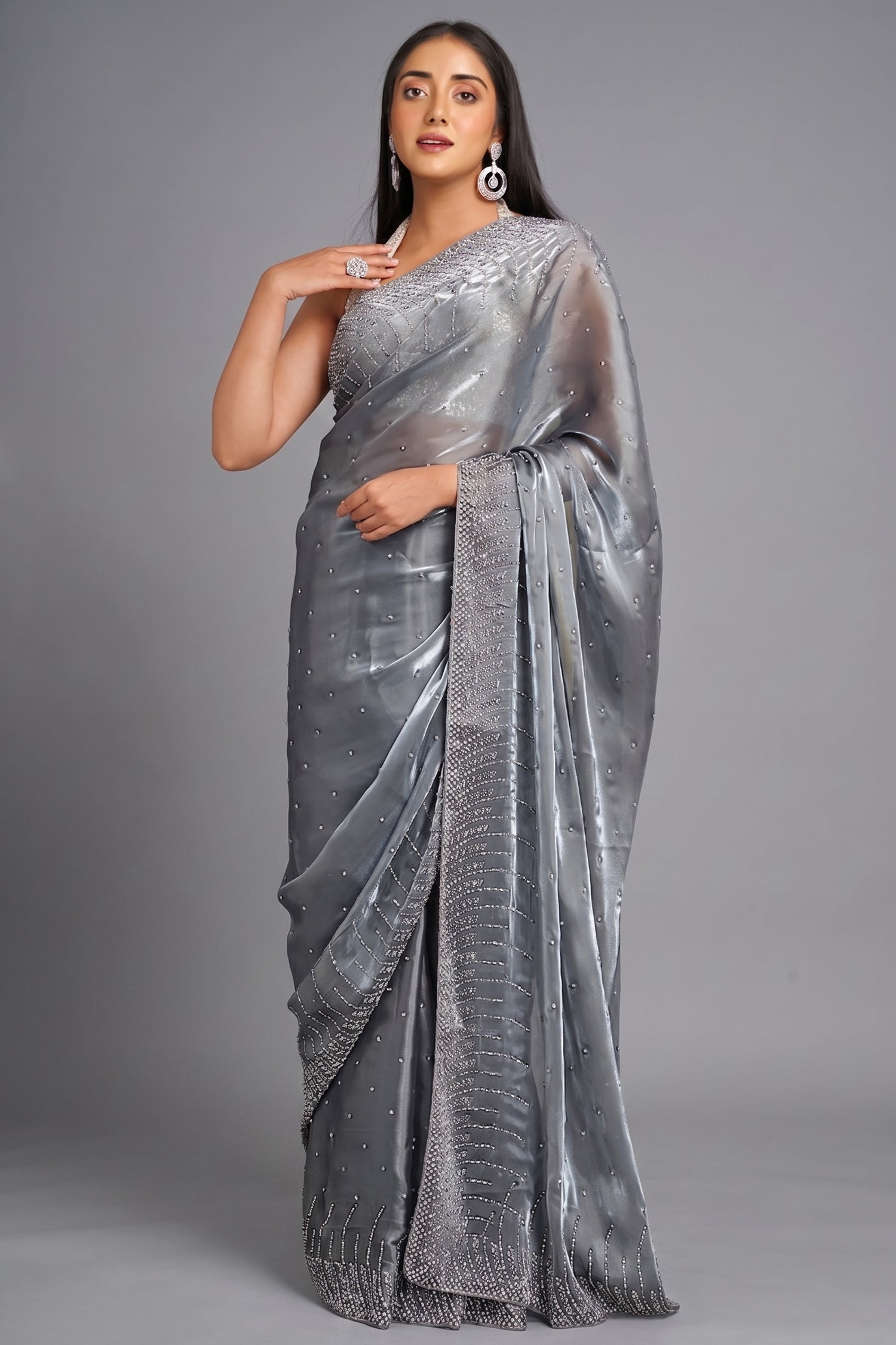 Grey Pearl and Diamond Work Embellished Saree in Organza - grey organza saree