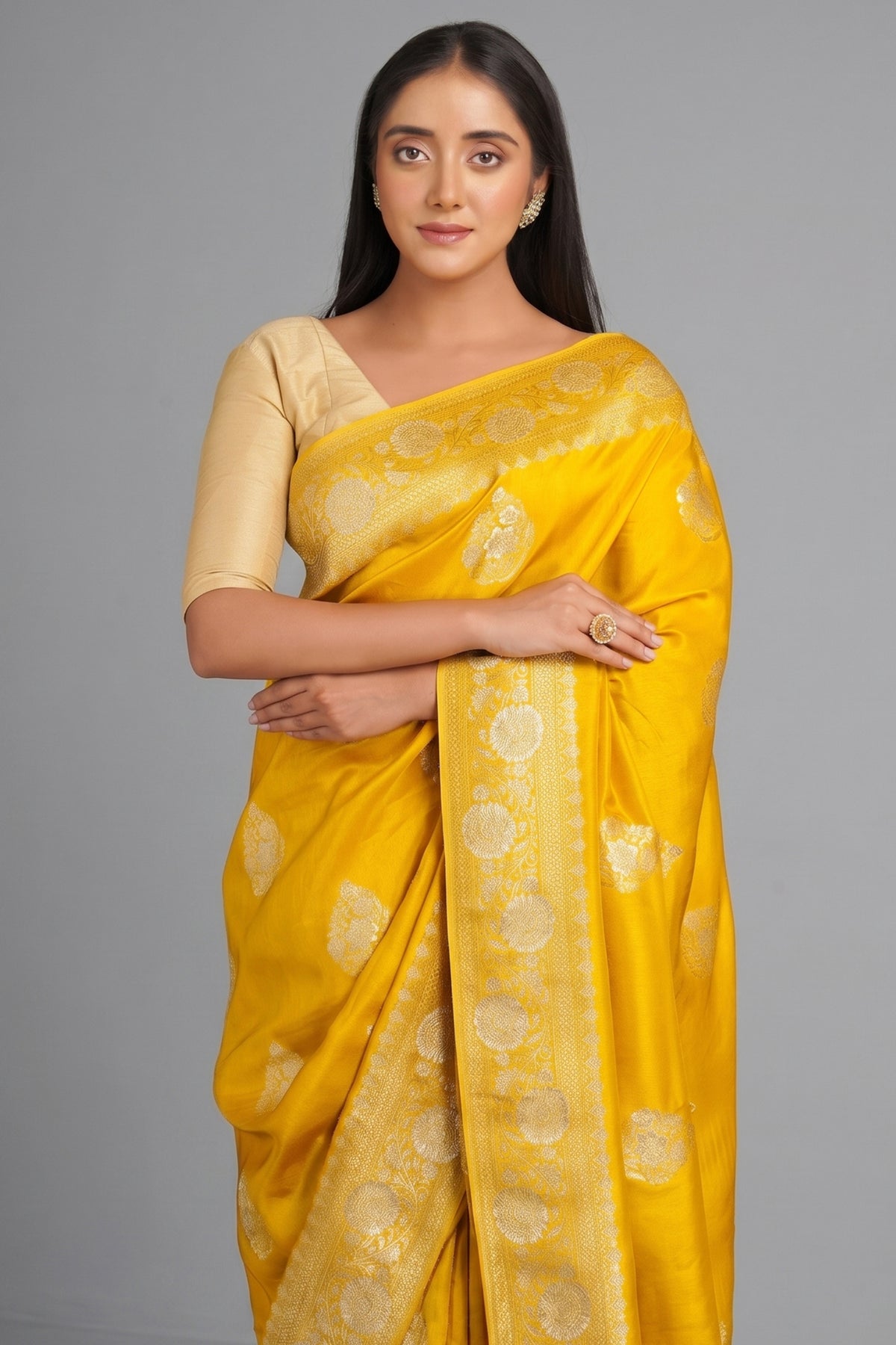 Mustard Traditional Floral Woven Saree in Art Silk - mustard silk saree