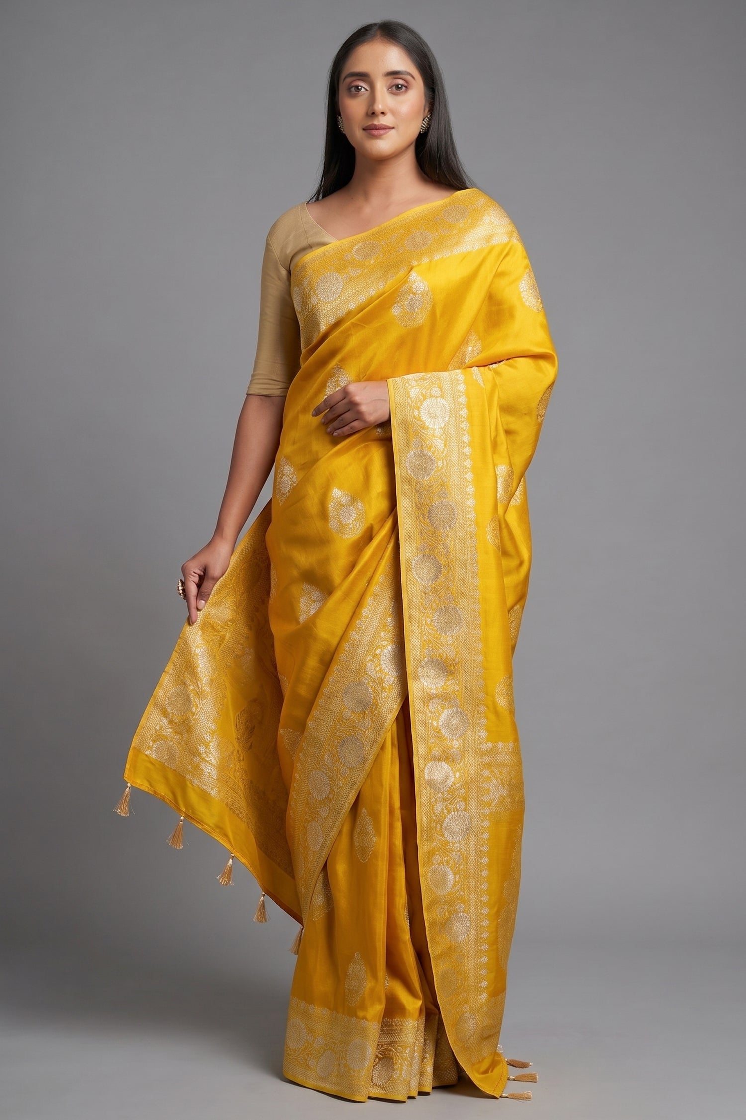 Mustard Traditional Floral Woven Saree in Art Silk - mustard silk saree