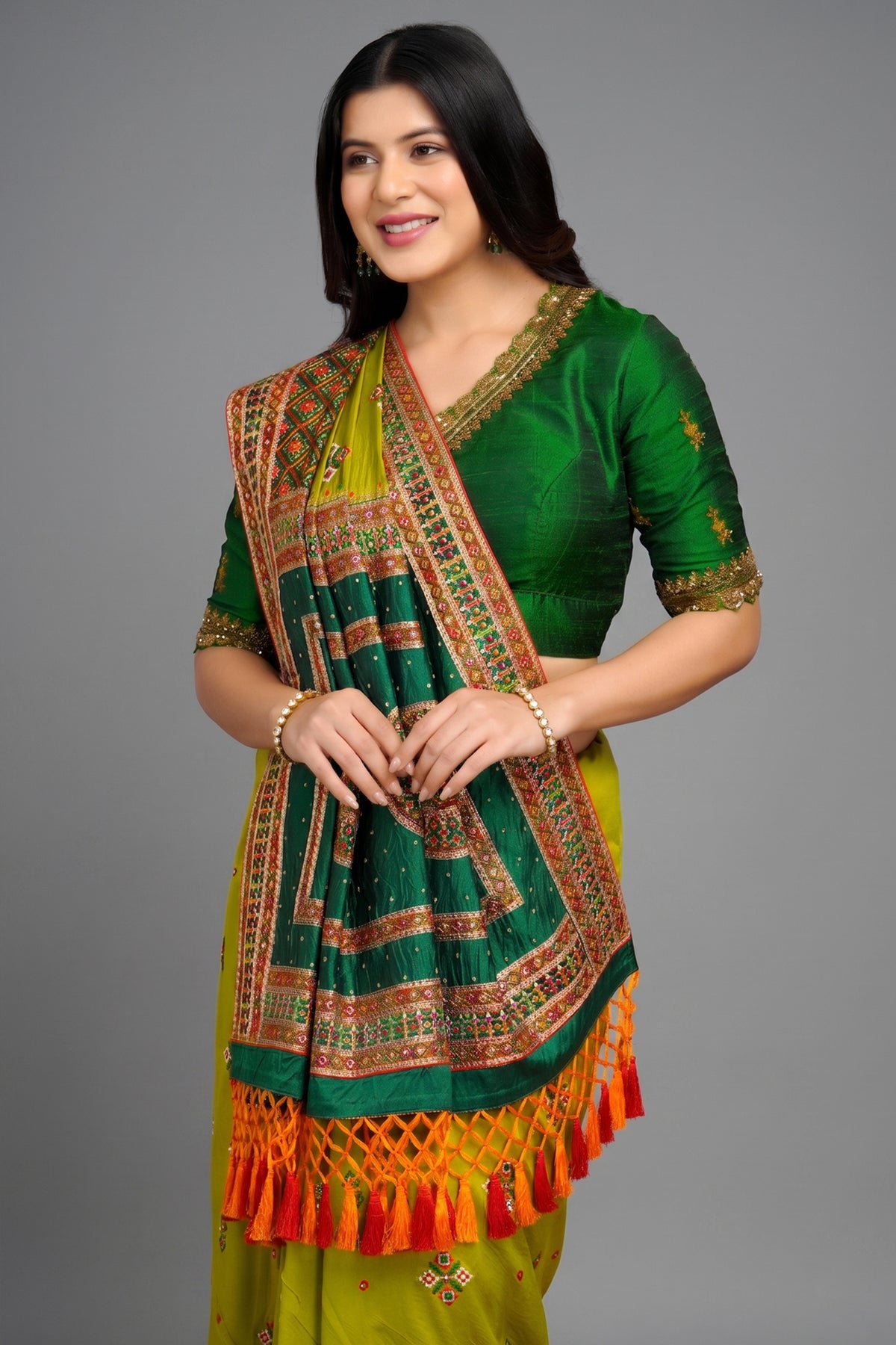 Olive Green Silk Broad Embroidered Border Saree with Tassels - red silk saree embroidered