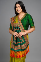 Olive Green Silk Broad Embroidered Border Saree with Tassels - red silk saree embroidered
