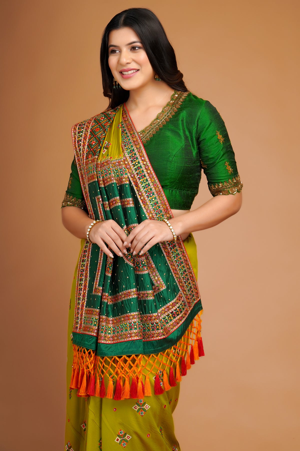 Olive Green Silk Broad Embroidered Border Saree with Tassels - red silk saree embroidered