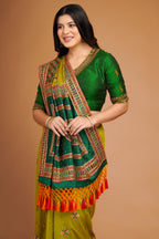Olive Green Silk Broad Embroidered Border Saree with Tassels - red silk saree embroidered