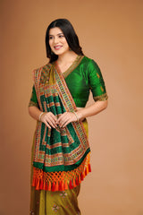 Olive Green Silk Broad Embroidered Border Saree with Tassels