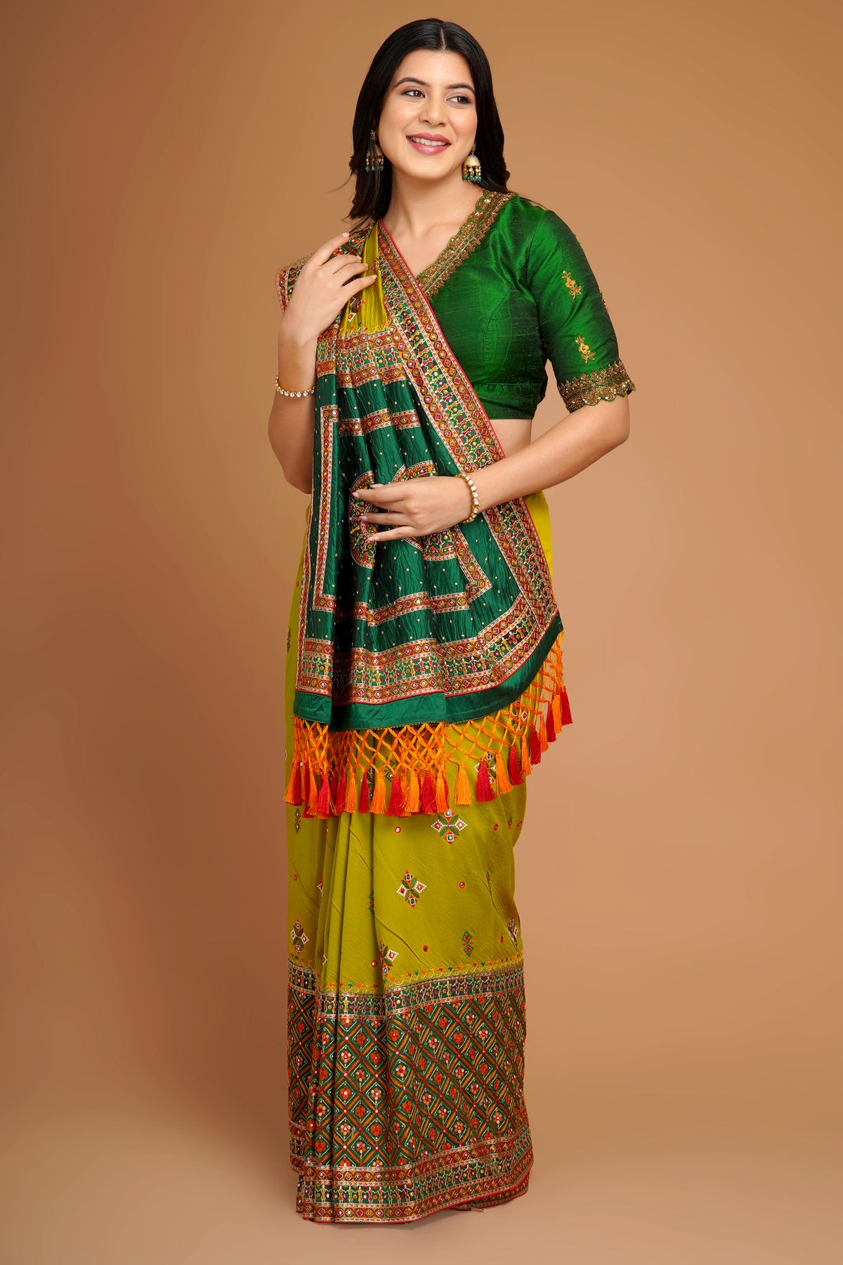 Olive Green Silk Broad Embroidered Border Saree with Tassels - red silk saree embroidered