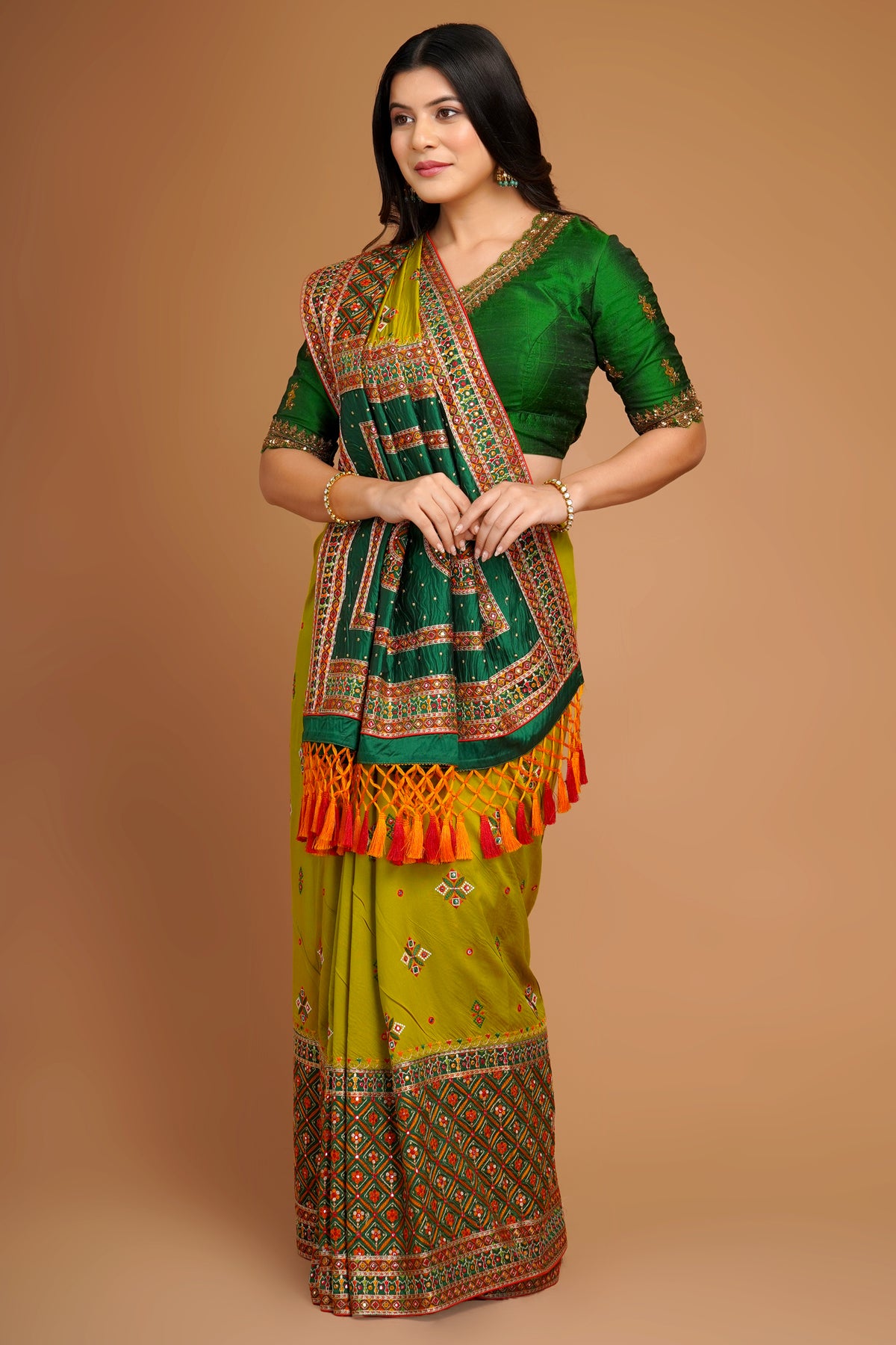 Olive Green Silk Broad Embroidered Border Saree with Tassels - red silk saree embroidered