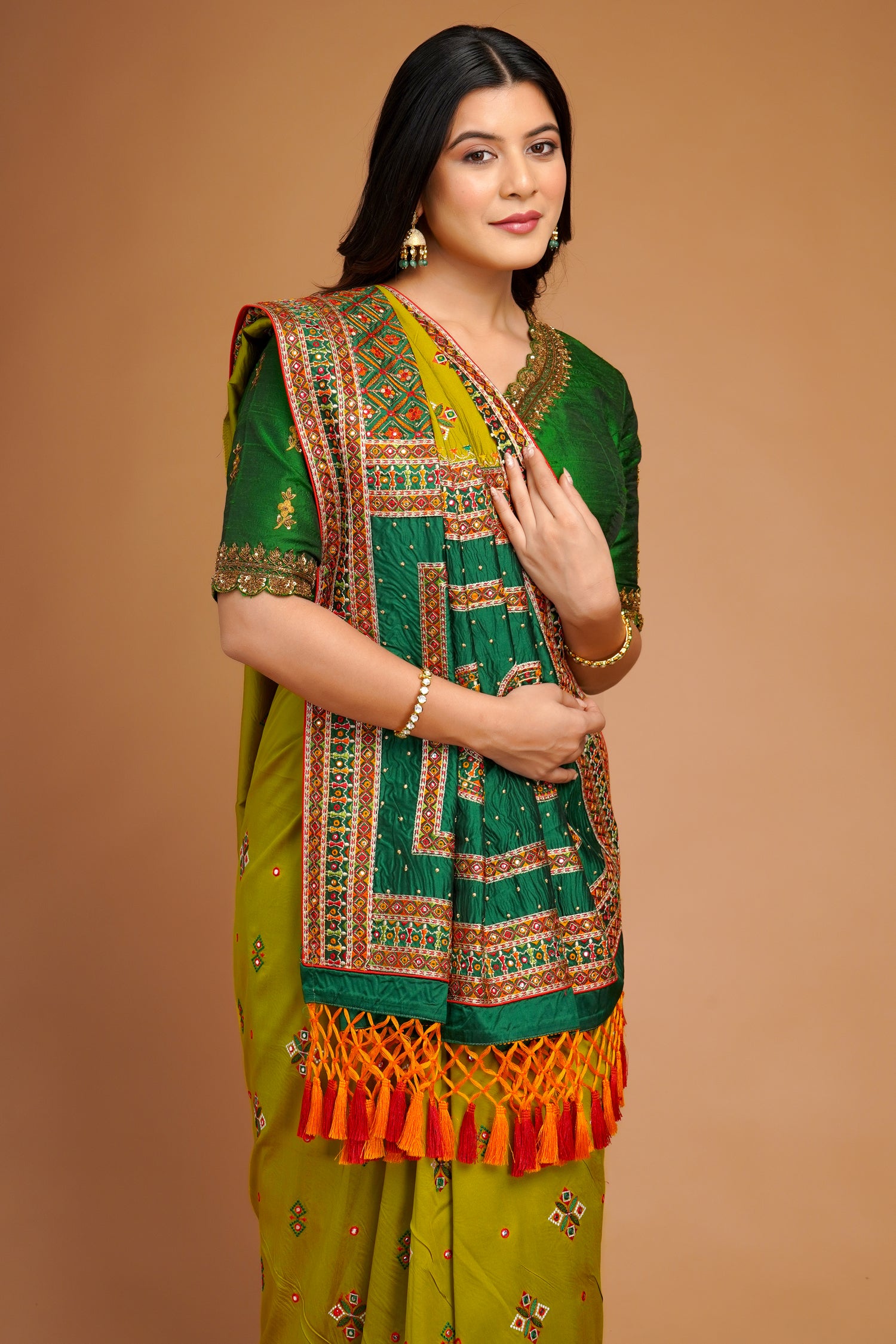 Olive Green Silk Broad Embroidered Border Saree with Tassels - red silk saree embroidered