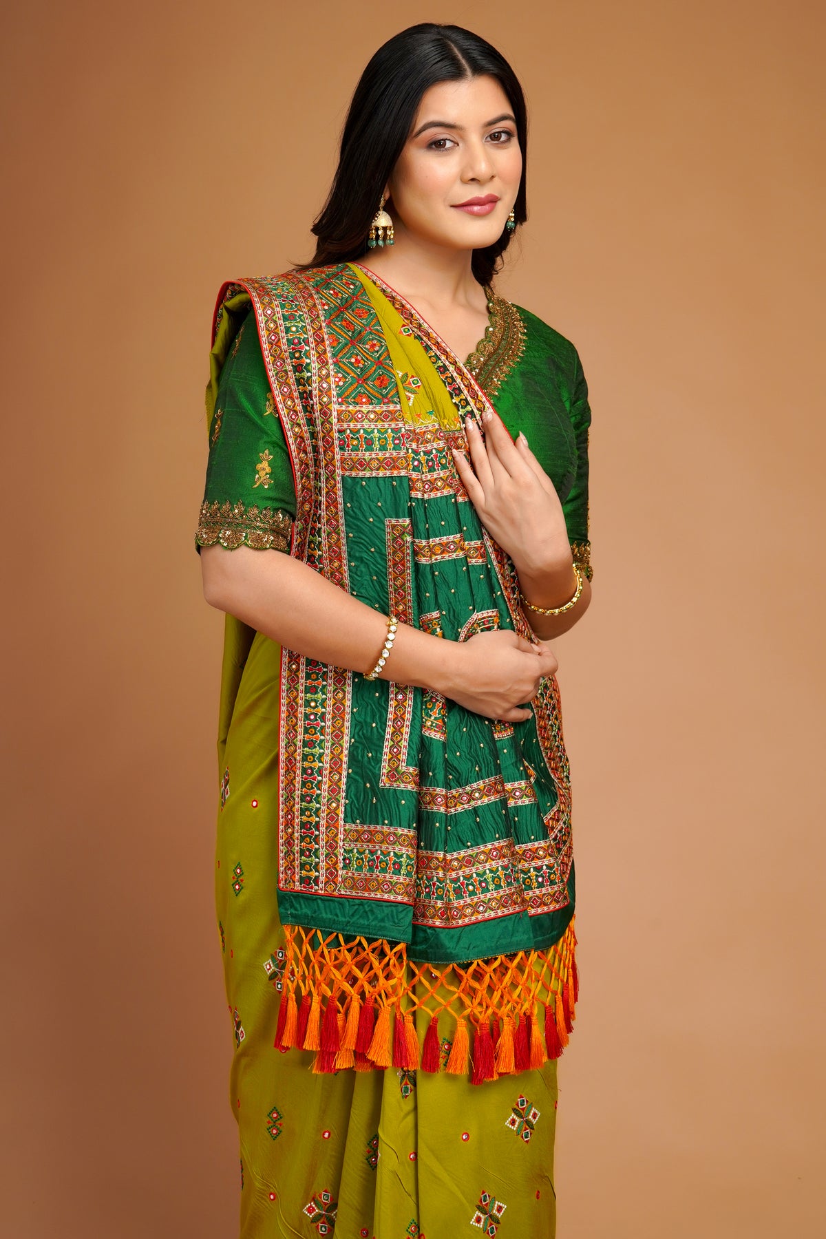 Olive Green Silk Broad Embroidered Border Saree with Tassels - red silk saree embroidered
