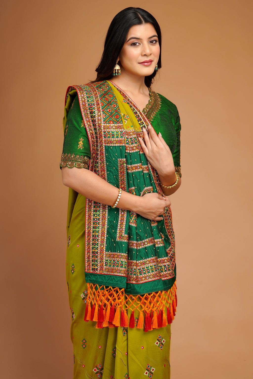 Olive Green Silk Broad Embroidered Border Saree with Tassels - red silk saree embroidered