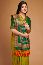 Olive Green Silk Broad Embroidered Border Saree with Tassels - red silk saree embroidered