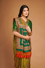 Olive Green Silk Broad Embroidered Border Saree with Tassels