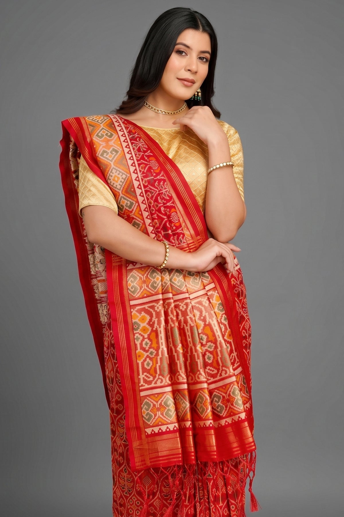 Red Traditional Patola Woven Saree in Silk - red silk saree patola