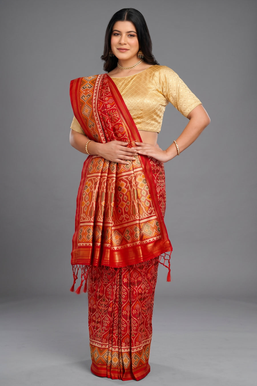 Red Traditional Patola Woven Saree in Silk - red silk saree patola