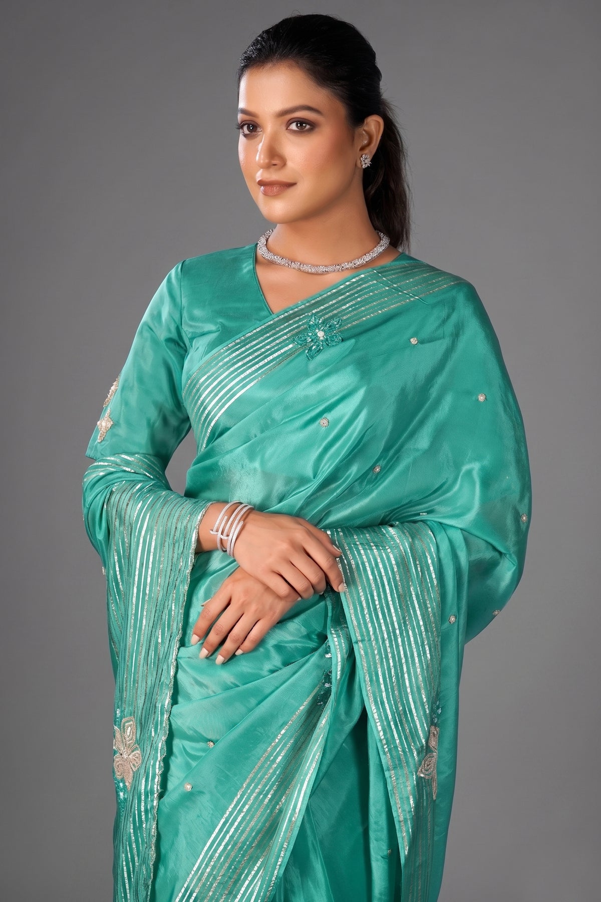 Sea Green Tissue Silk Saree with Sequin Border - green silk saree
