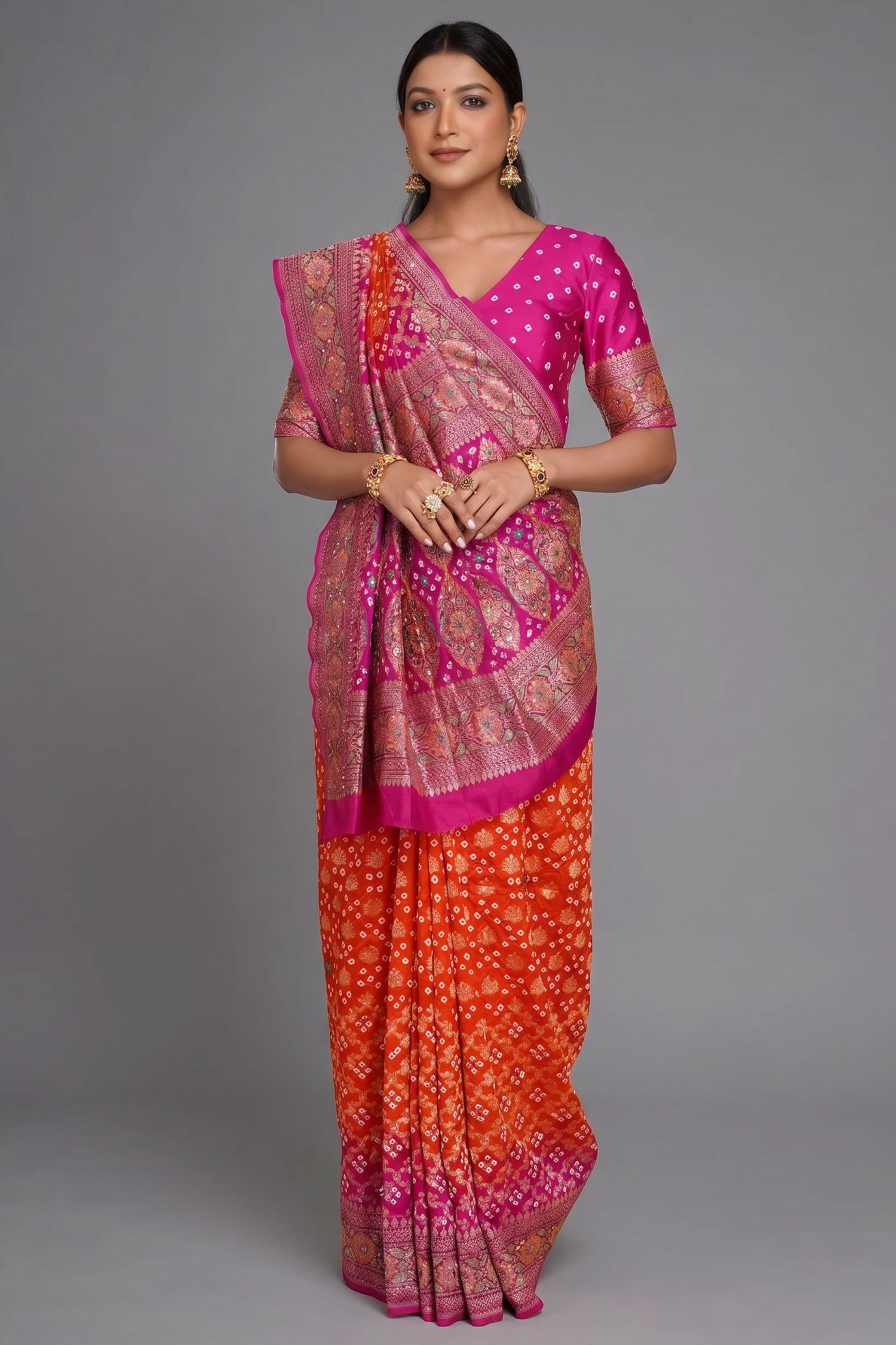 Rani Pink and Orange Bandhej Print Saree in Silk with Contrast Embroidery - orange silk saree bandhej Main image