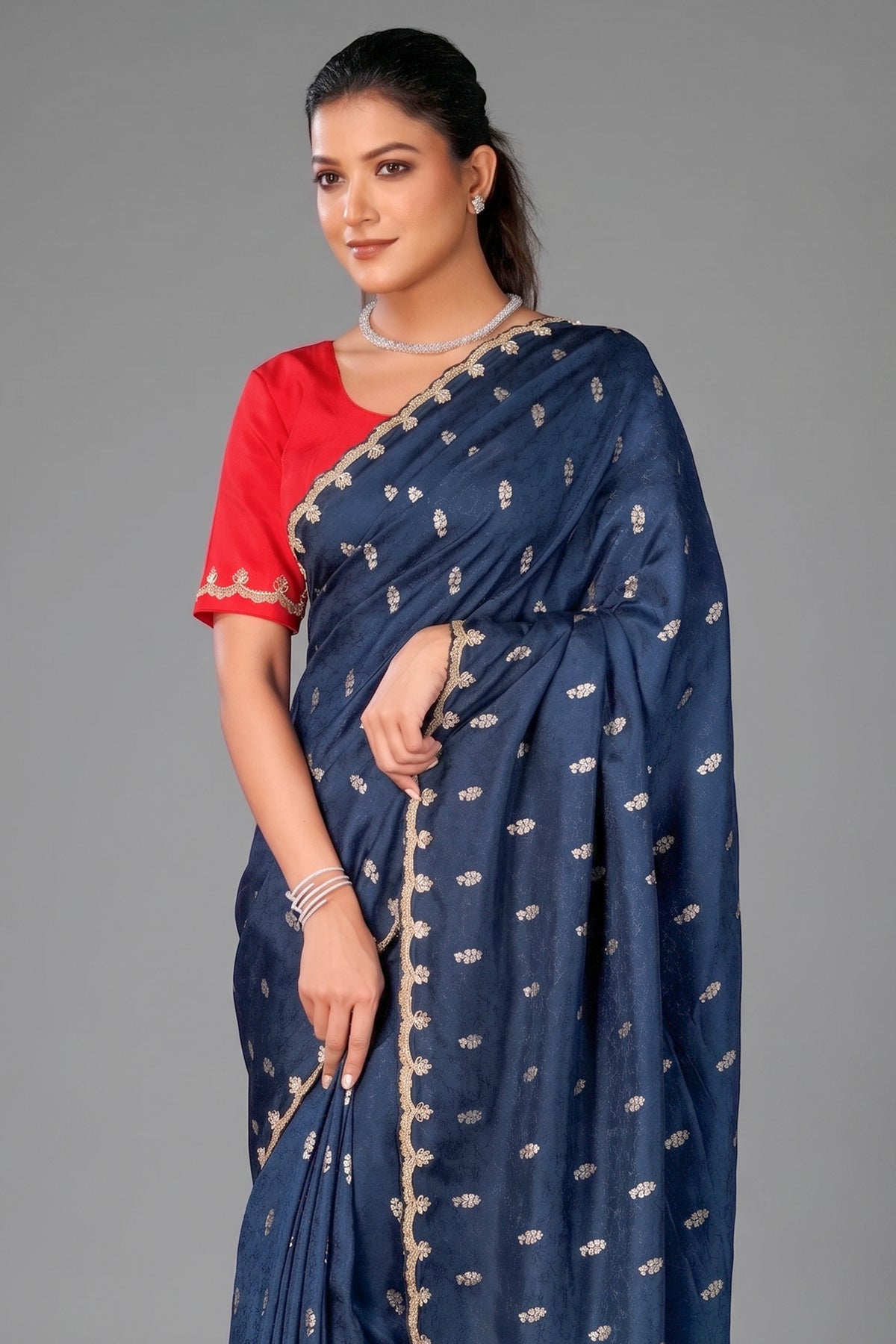 Peacock Blue Embroidery and Sequins Work Saree in Art Silk - blue silk saree embroidery