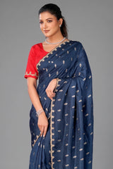 Peacock Blue Embroidery and Sequins Work Saree in Art Silk - blue silk saree embroidery