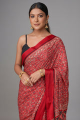 Maroon Art Silk Kalamkari Printed Saree with Paisley Motifs - maroon silk saree kalamkari