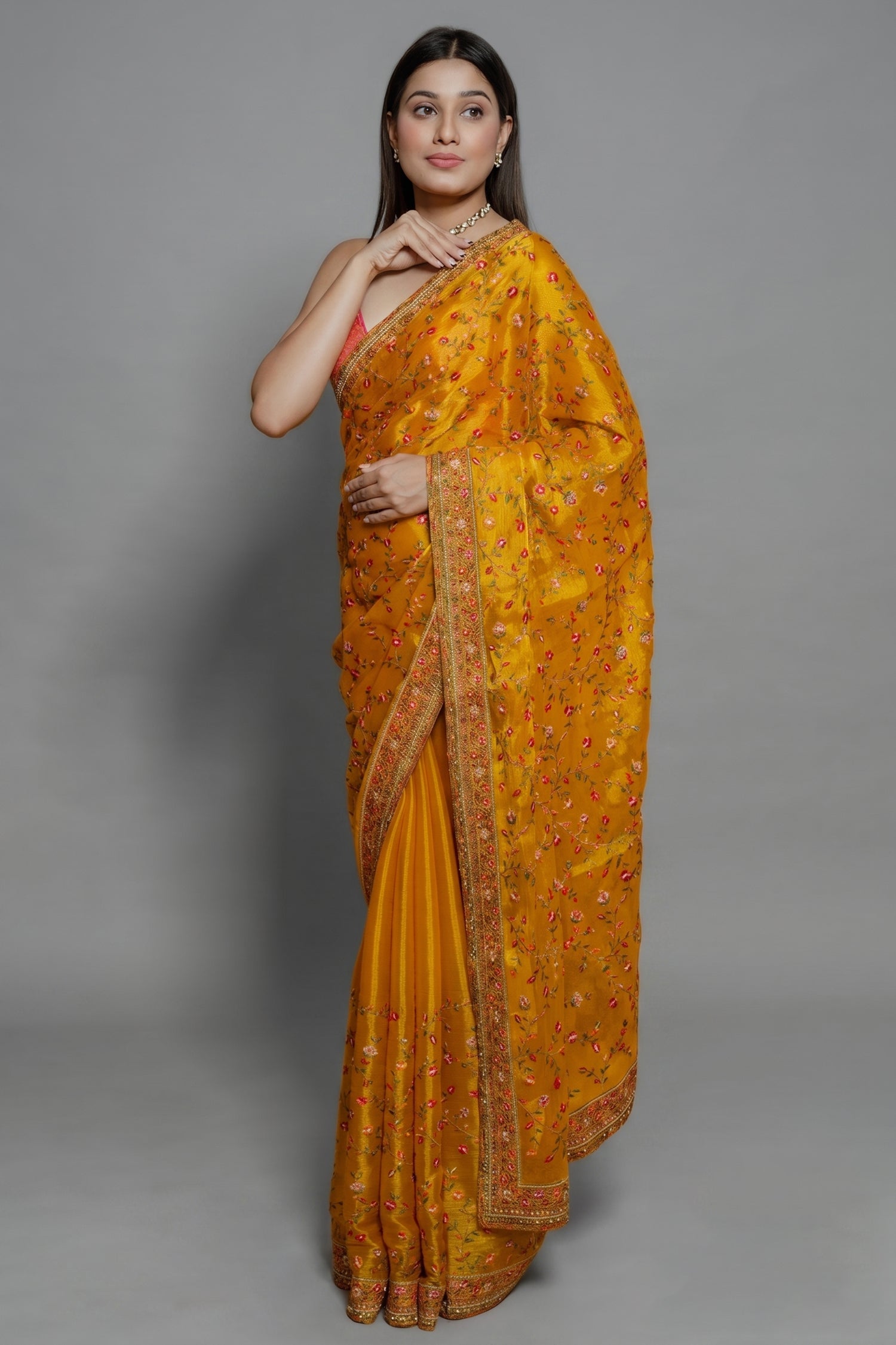Orange Shimmer Organza Embroidered Saree - red organza saree embroidered