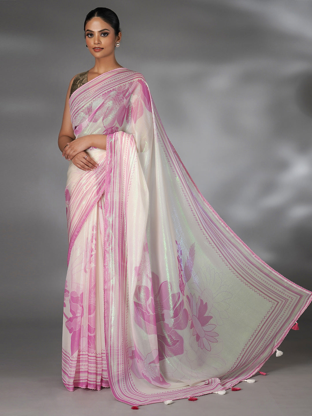 Off White and Pink Shimmer Floral Printed Saree with Green Highlights - green saree