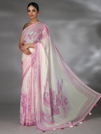 Off White and Pink Shimmer Floral Printed Saree with Green Highlights - green saree