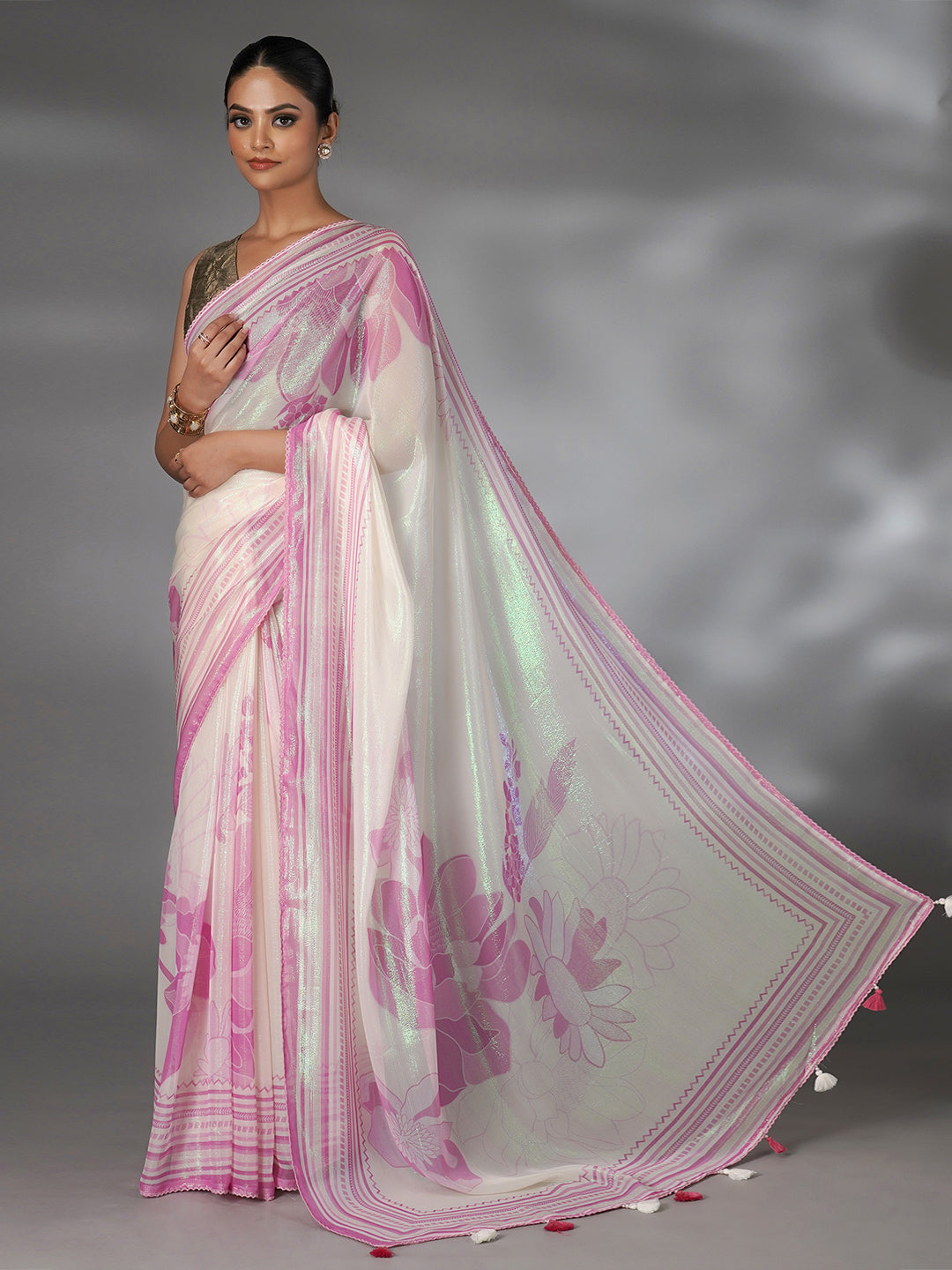 Off White and Pink Shimmer Floral Printed Saree with Green Highlights - green saree
