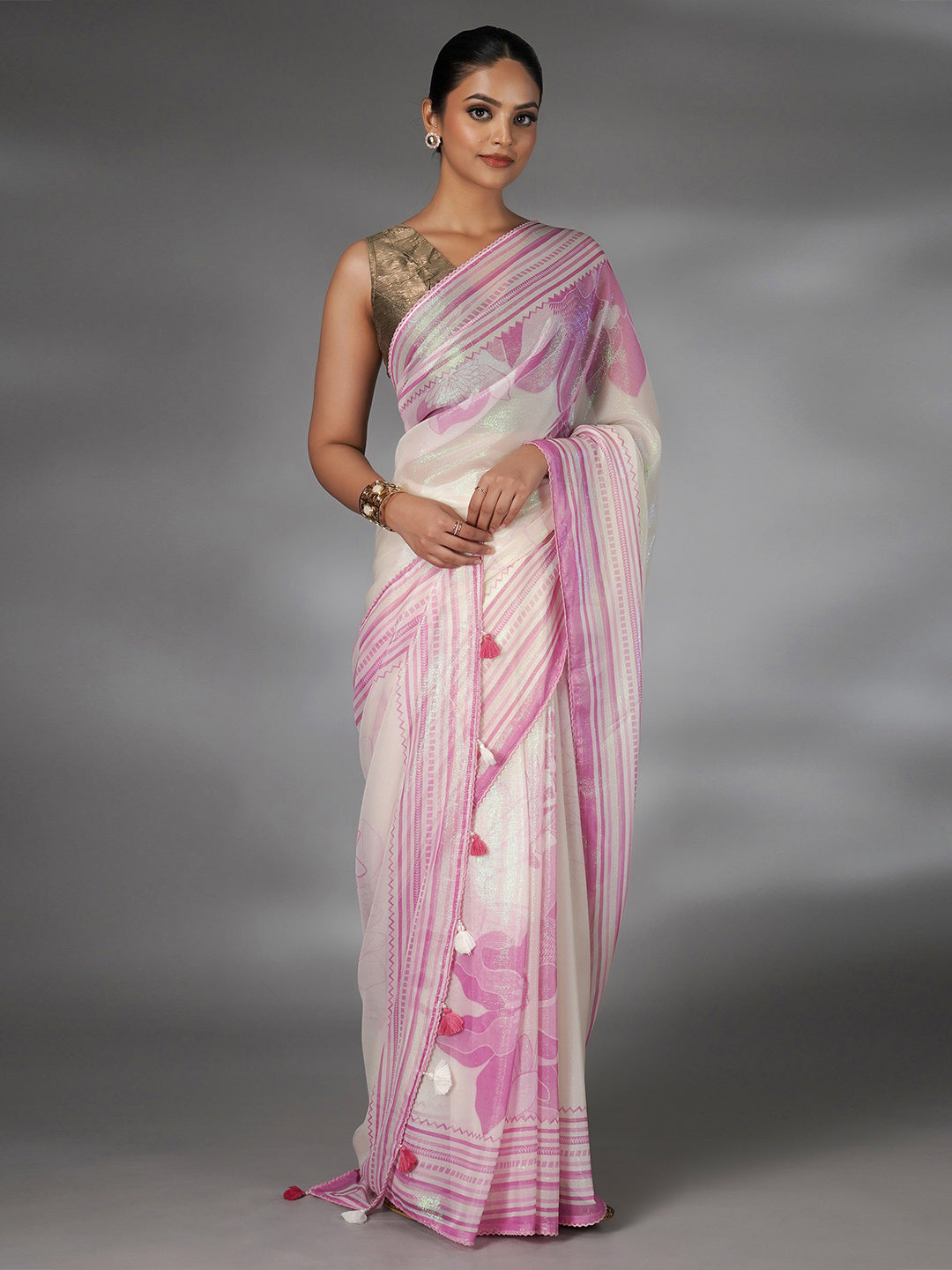 Off White and Pink Shimmer Floral Printed Saree with Green Highlights - green saree