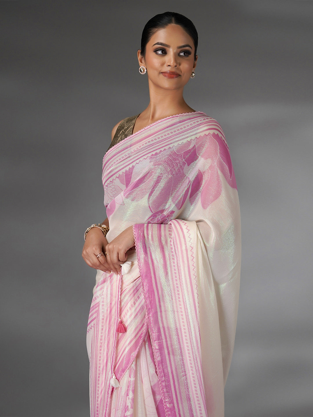 Off White and Pink Shimmer Floral Printed Saree with Green Highlights - green saree