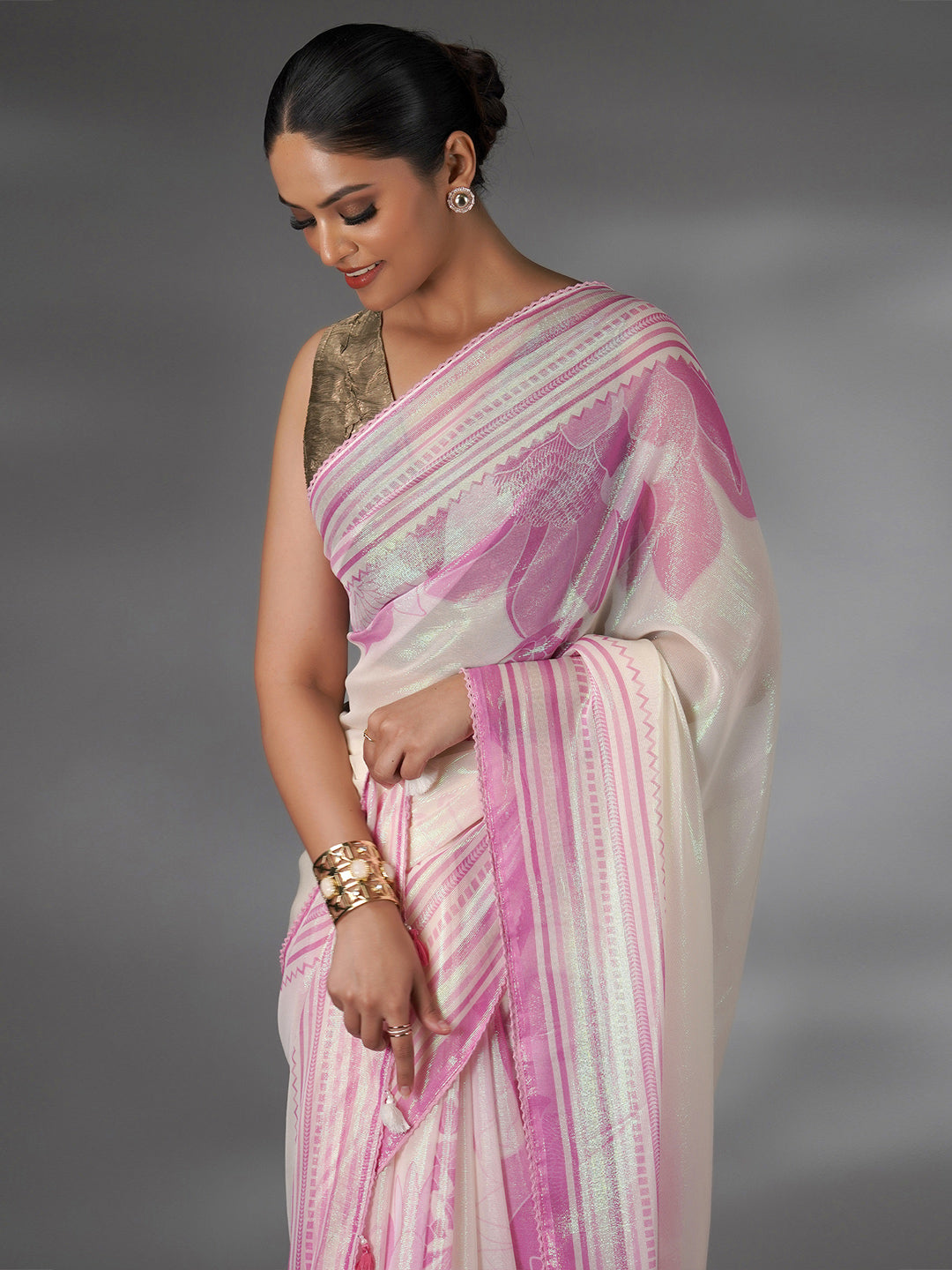 Off White and Pink Shimmer Floral Printed Saree with Green Highlights - green saree