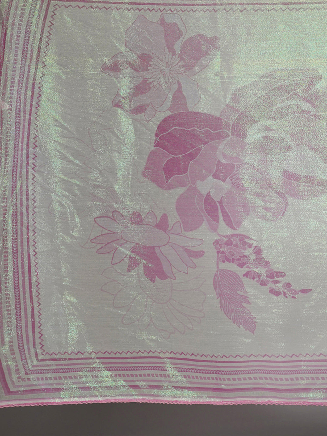 Off White and Pink Shimmer Floral Printed Saree with Green Highlights - green saree