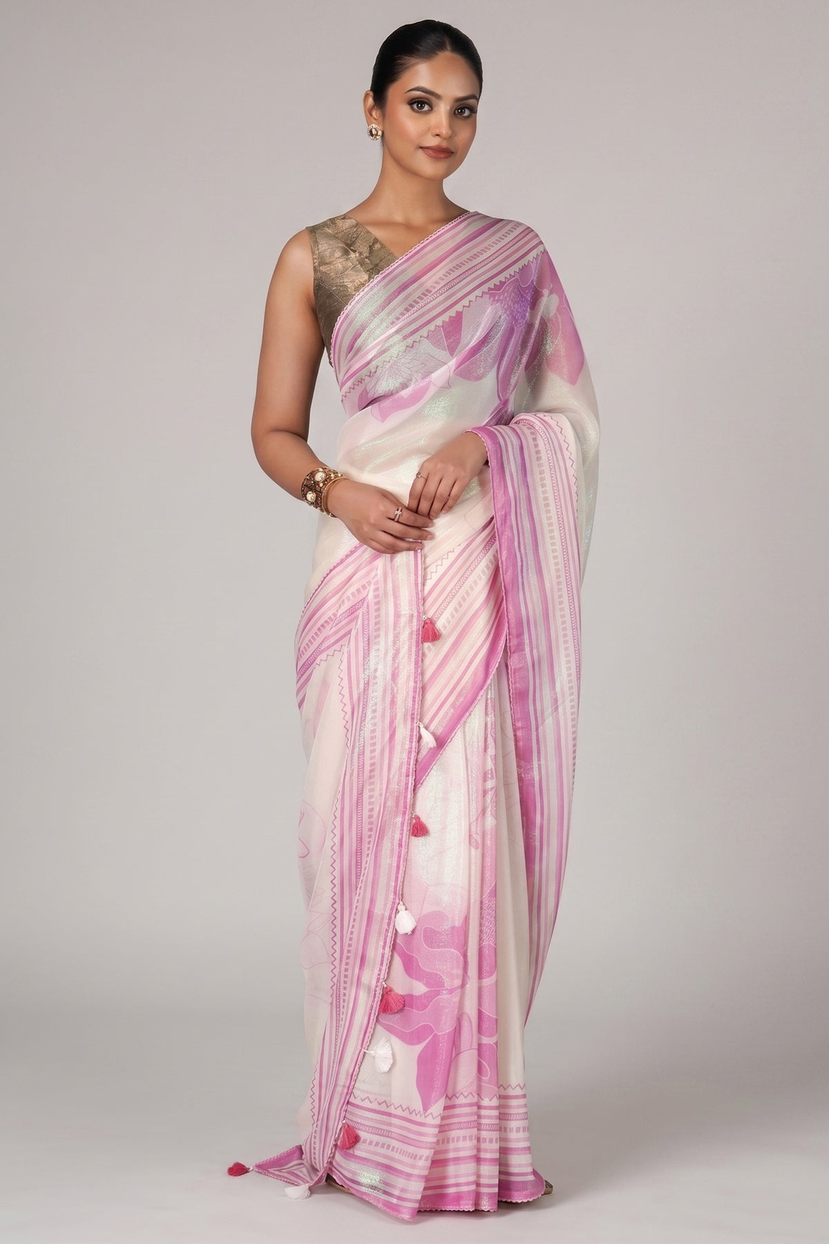 Off White and Pink Shimmer Floral Printed Saree with Green Highlights - green saree