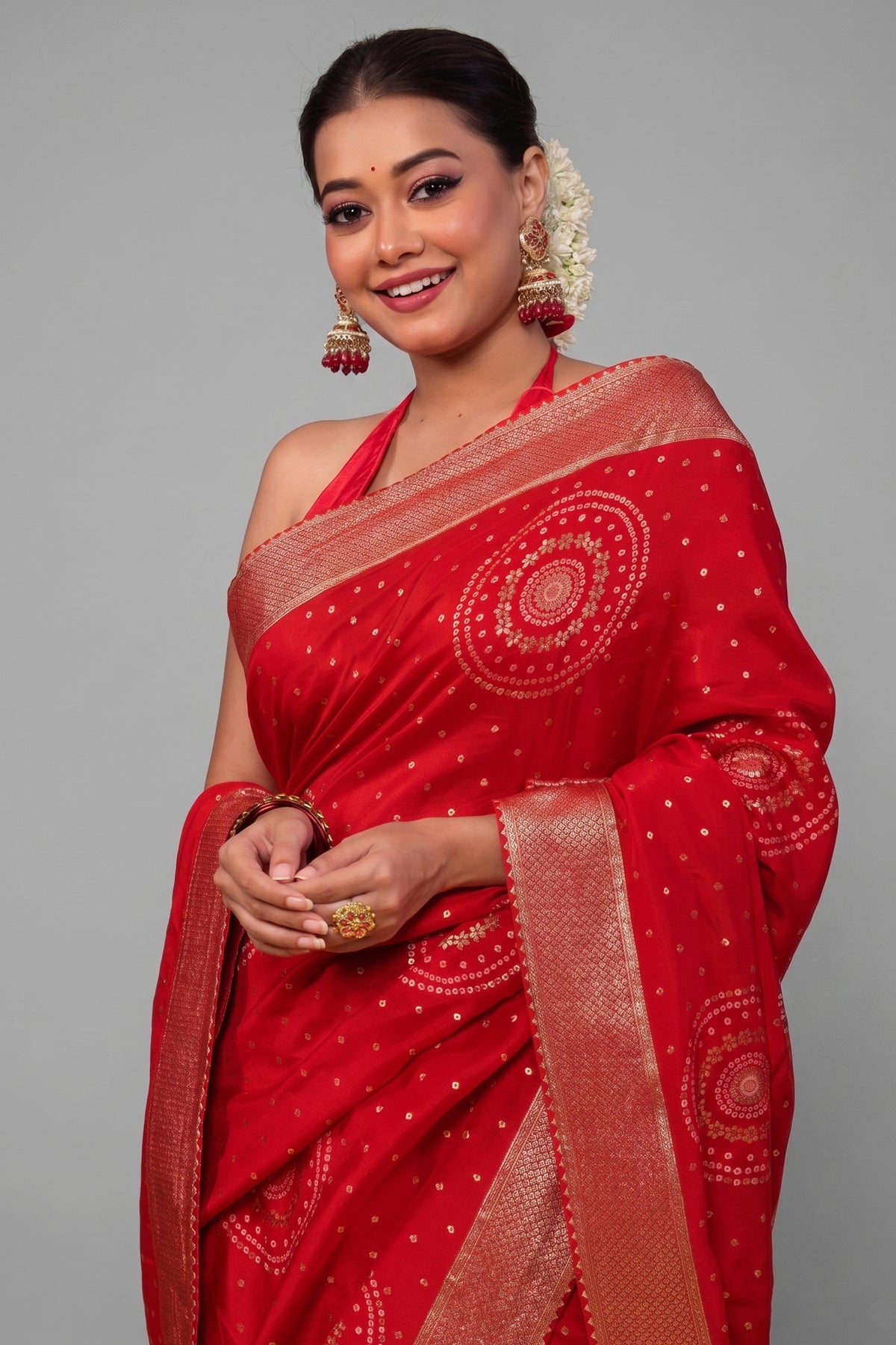 Red Art Silk Foil Printed Saree - red silk saree