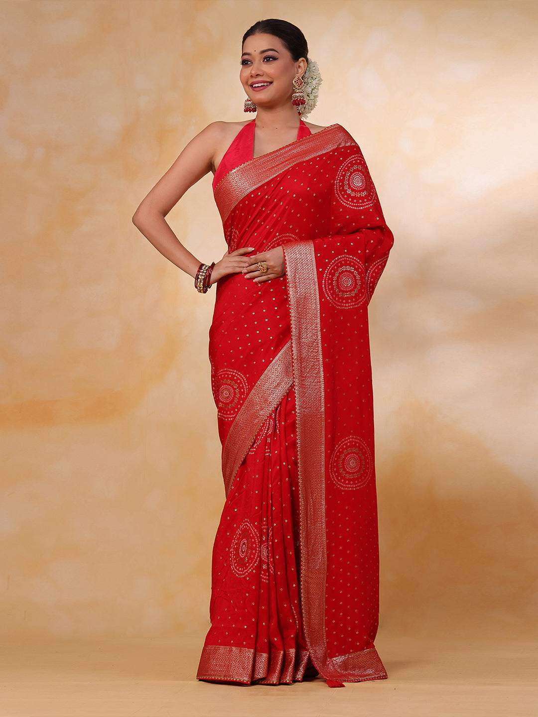 Red Art Silk Foil Printed Saree - red silk saree