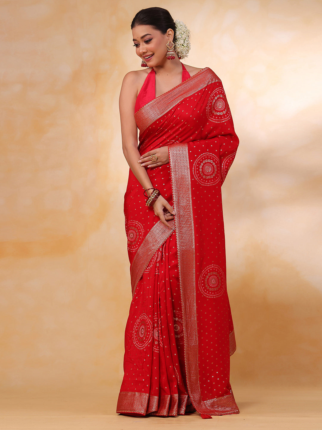 Red Art Silk Foil Printed Saree - red silk saree