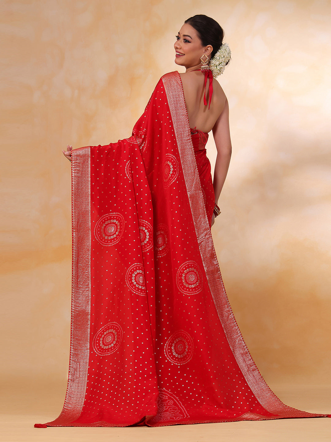 Red Art Silk Foil Printed Saree - red silk saree