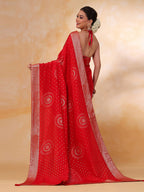 Red Art Silk Foil Printed Saree - red silk saree