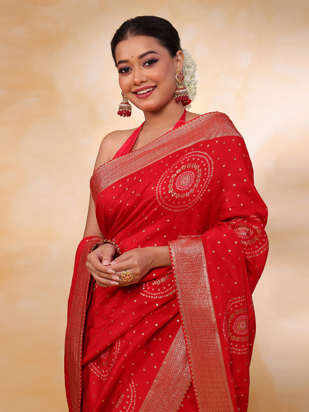 Red Art Silk Foil Printed Saree - red silk saree